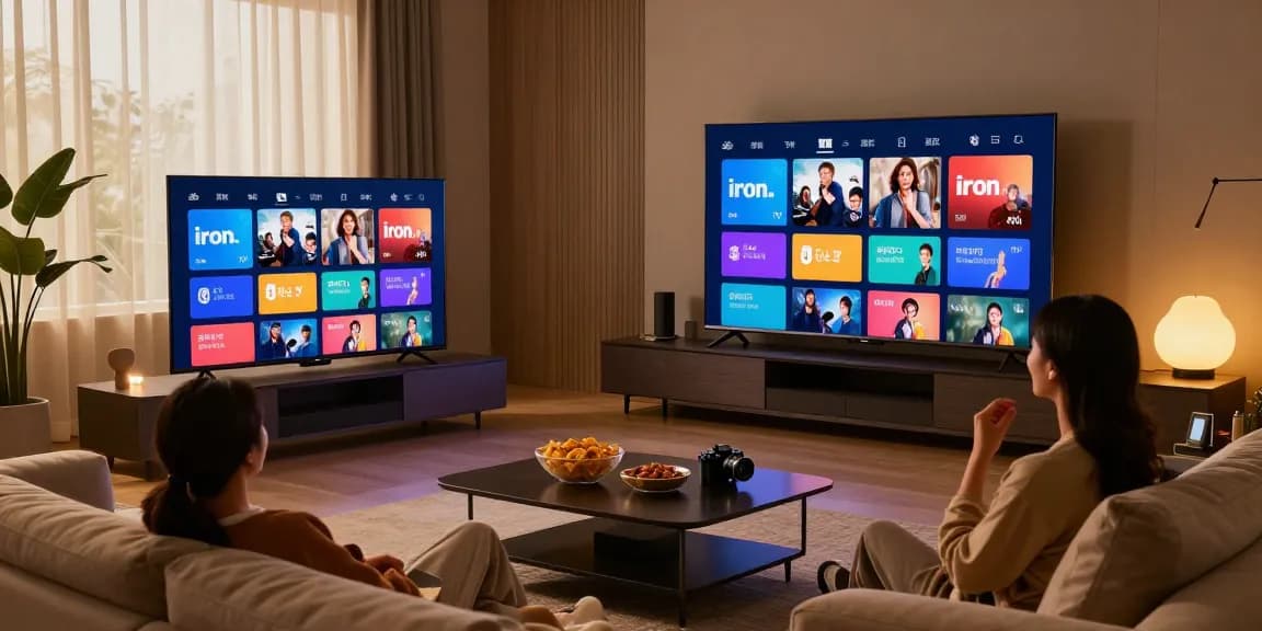 Iron tv sur écran Smart TV, couple profitant d'une soirée cinéma dans un salon chaleureux.