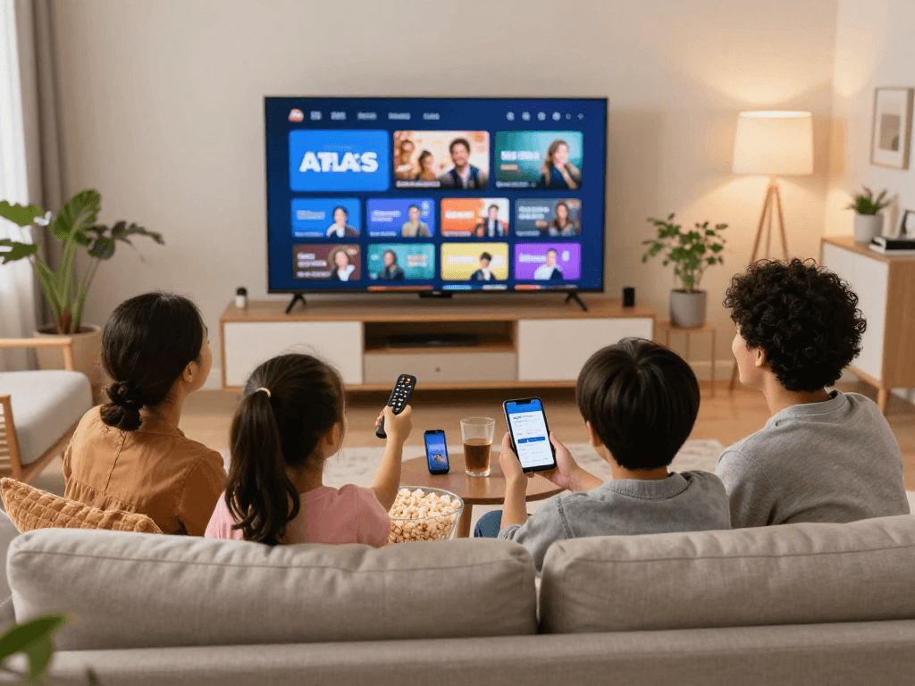 Une famille profitant d'Atlas pro en regardant la télévision dans un salon confortable.