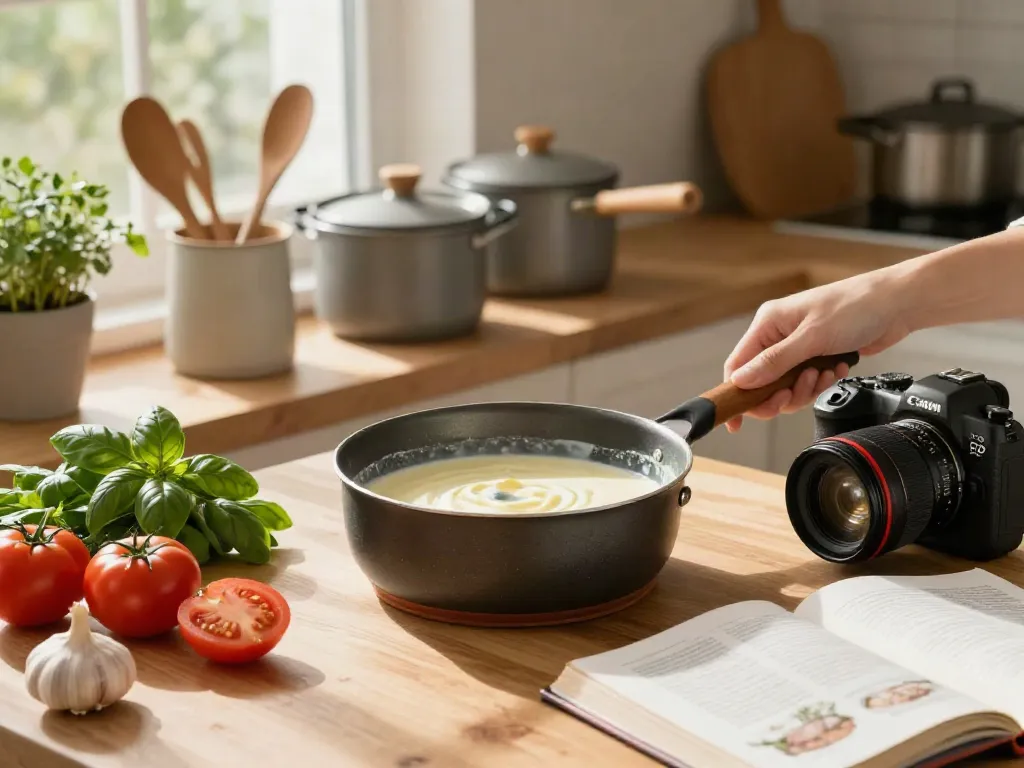 Home cook using a milk pan with fresh ingredients in a cozy kitchen.
