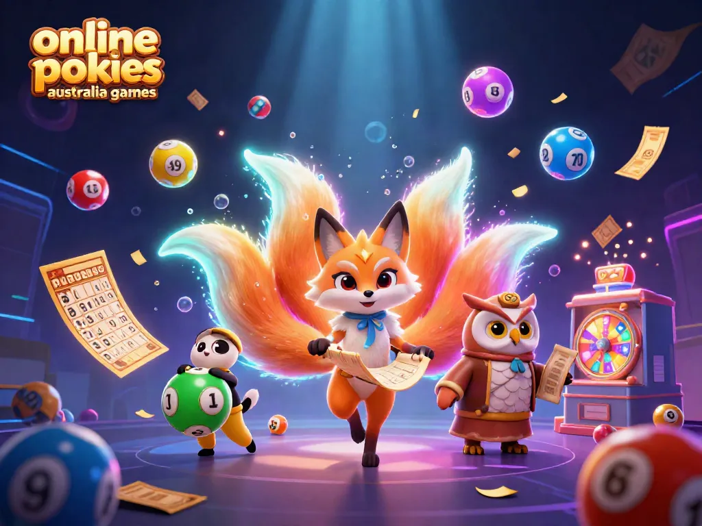 Engage with dynamic online pokies Australia games featuring a vibrant 3D fox spirit and colorful lottery elements.