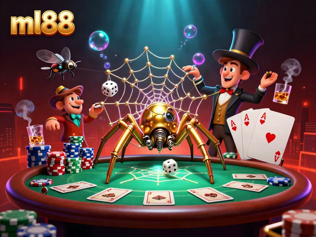 Experience the thrill of ml88 with a golden spider webbing a casino scene of poker and adventure.