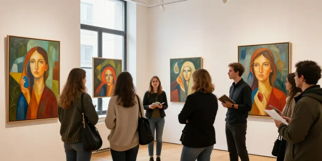 Exposition d'une peinture monumentale dans un espace artistique local, rassemblant la communauté.