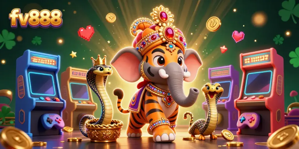 Spin jackpots at the fv888 casino with a majestic elephant and gemstone treasures in a vibrant gaming realm.