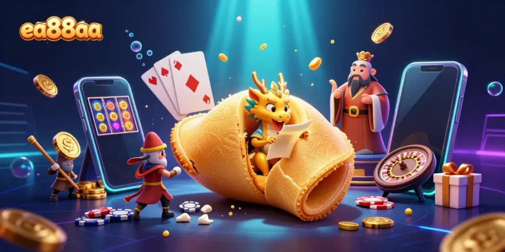 Engage with the vibrant world of ea88aa, featuring a golden fortune cookie and a dragon amidst a dynamic casino scene.
