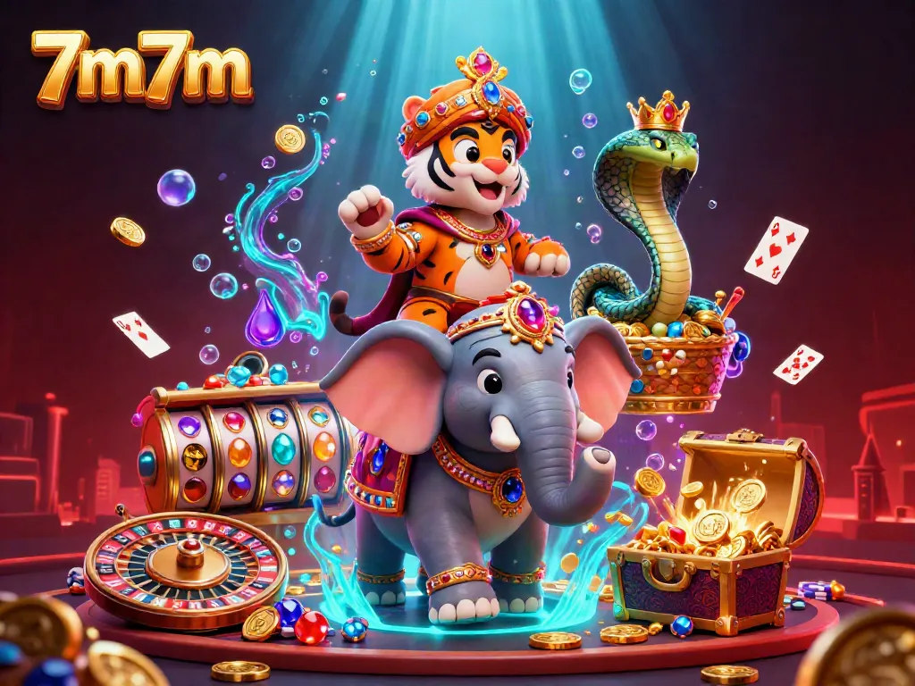 Experience the thrill of 7m7m with a vivid depiction of a marahaja tiger surrounded by casino elements.