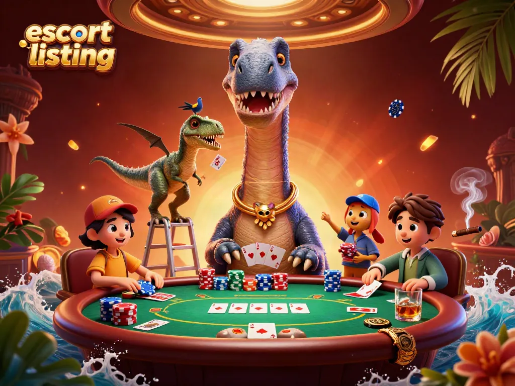 Engage with the vibrant escort listing scene, featuring a cartoon dinosaur and raptor dealing cards in a dynamic casino atmosphere