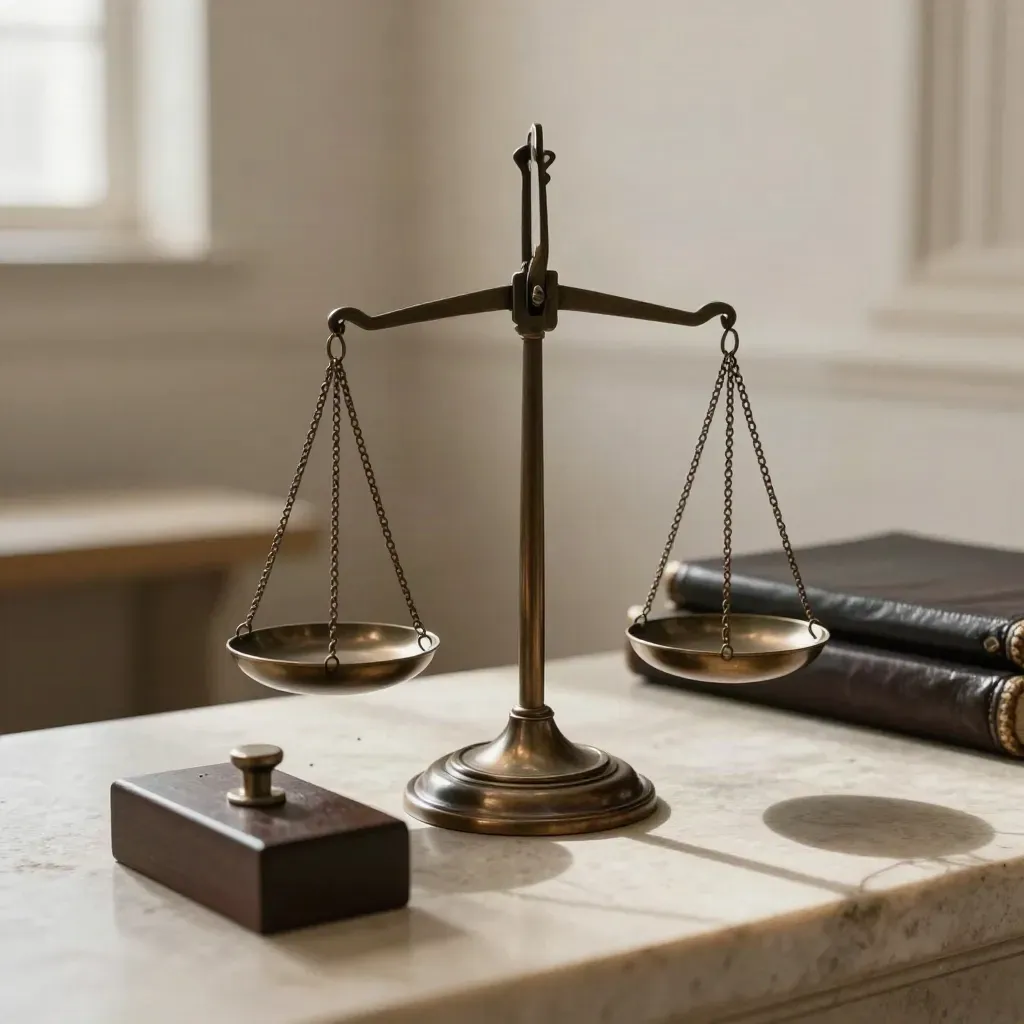 Balance de justice en bronze dans un vestibule de tribunal, avec dossiers et tampon.