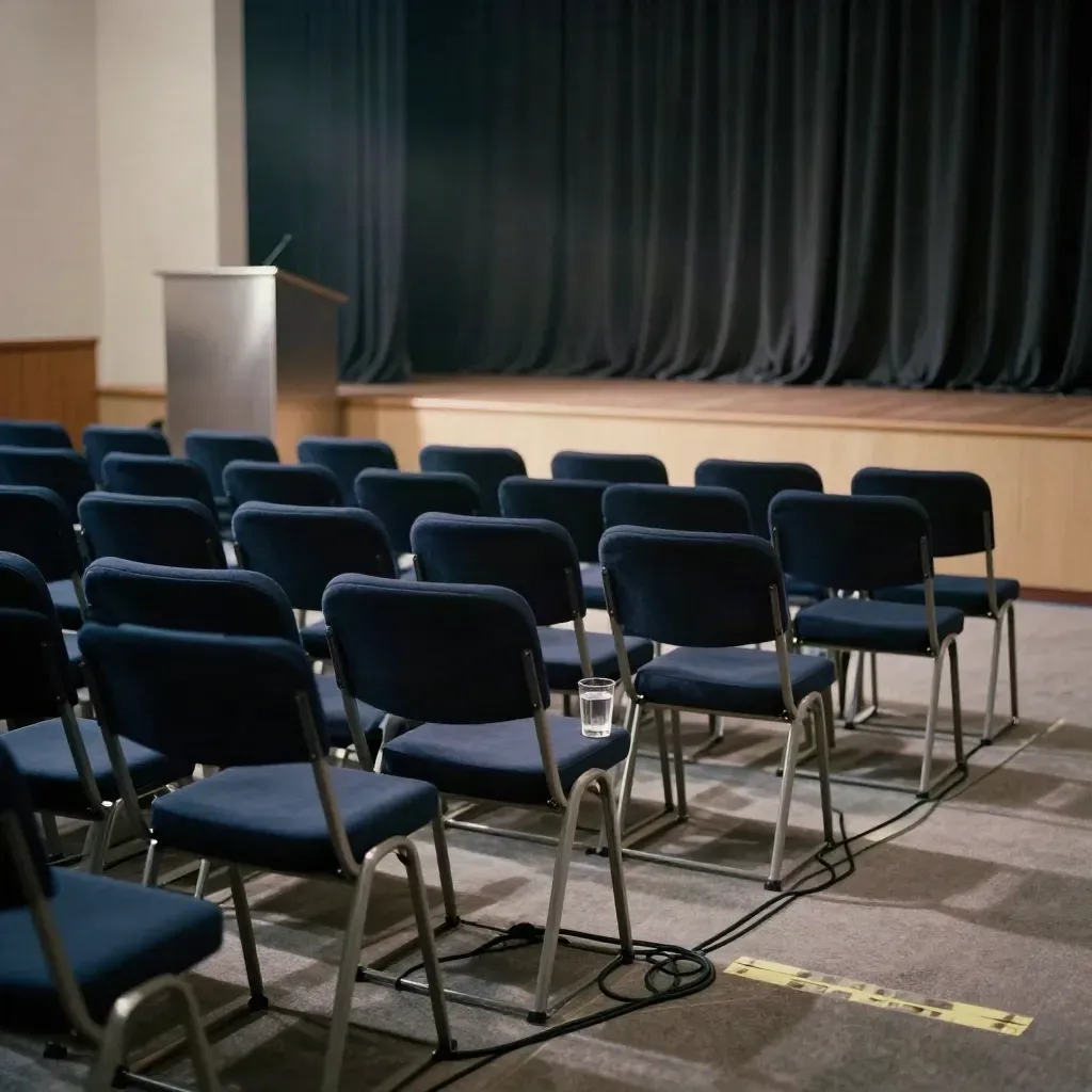 Salle de briefing vide après une annonce, chaises, câbles et rideaux tombés, lumière chaude.