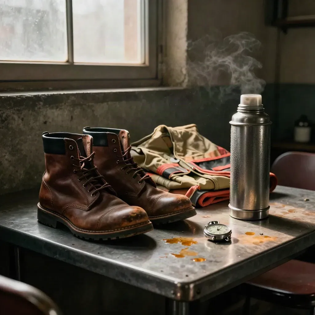 Bottes de travail, gilet fluorescent plié, thermos et chronomètre dans une salle de pause d’usine.
