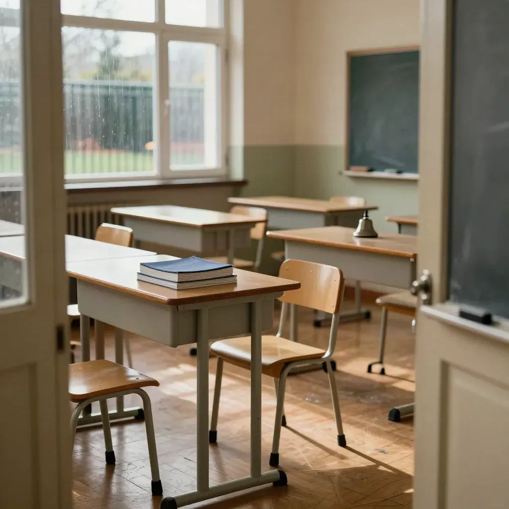 Salle de classe vide après la sonnerie, lumière de pluie et poussière de craie.