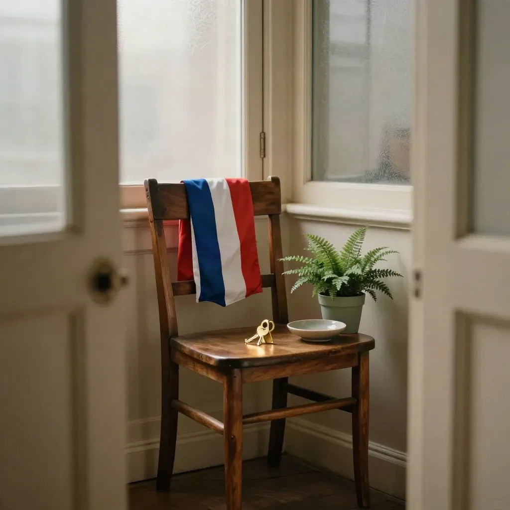 Chaise de maire avec écharpe tricolore, clé en laiton, fougère et lumière matinale.
