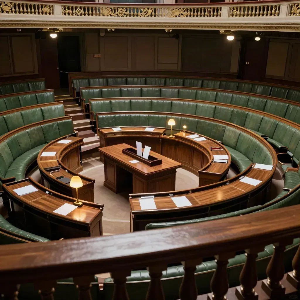 Vue en plongée du Sénat vide après le vote, bancs verts et lumière ambrée.