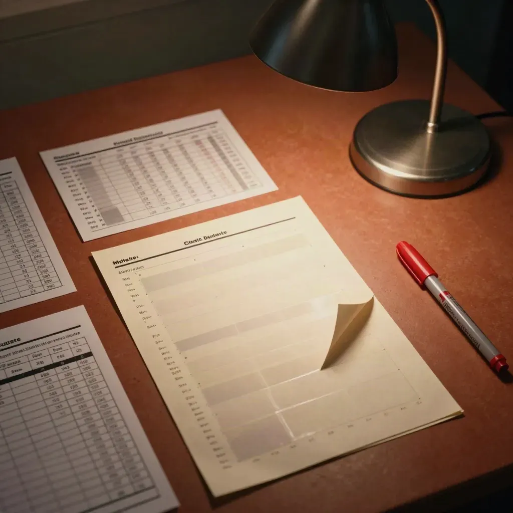 Table de rédaction avec sondages retournés, calques transparents et marqueur rouge sous une lumière dramatique.