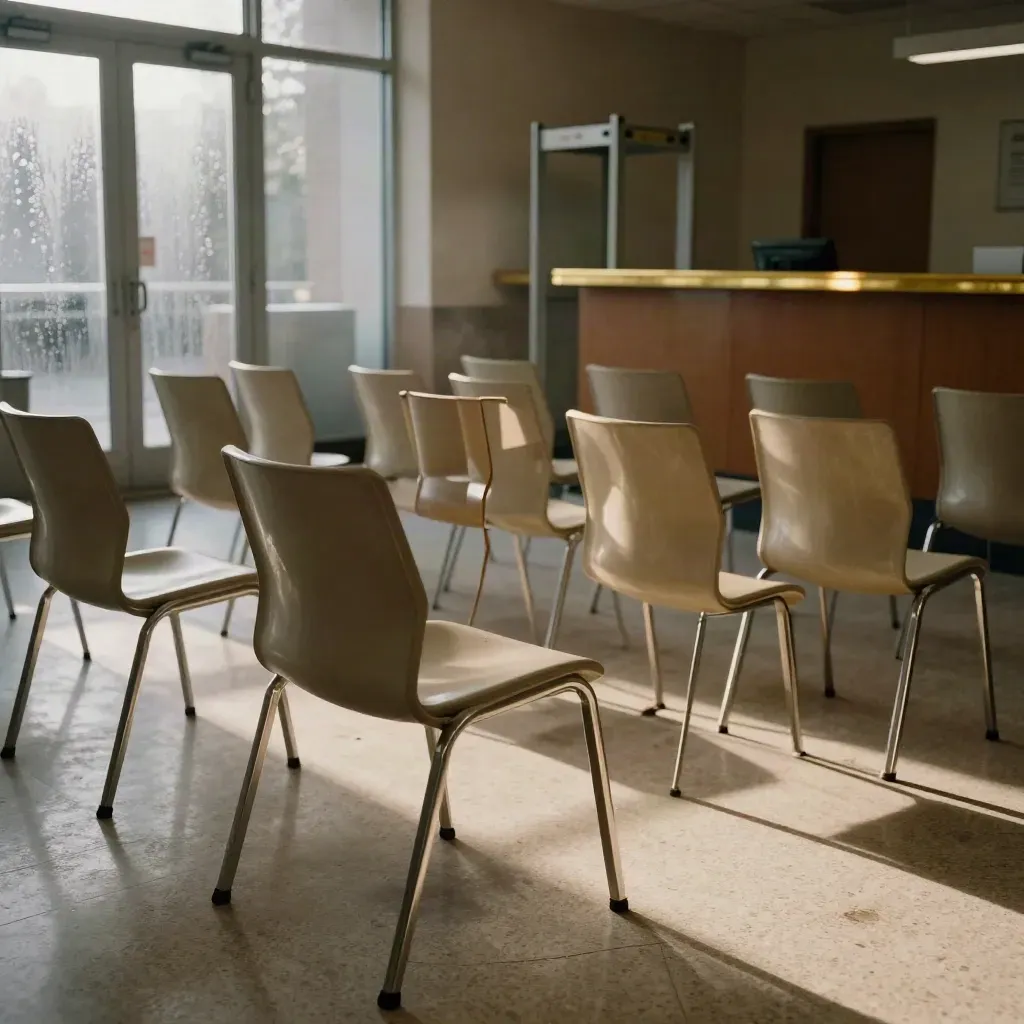 Salle d’attente préfectorale vide, chaises alignées, portique de sécurité au fond, lumière froide.