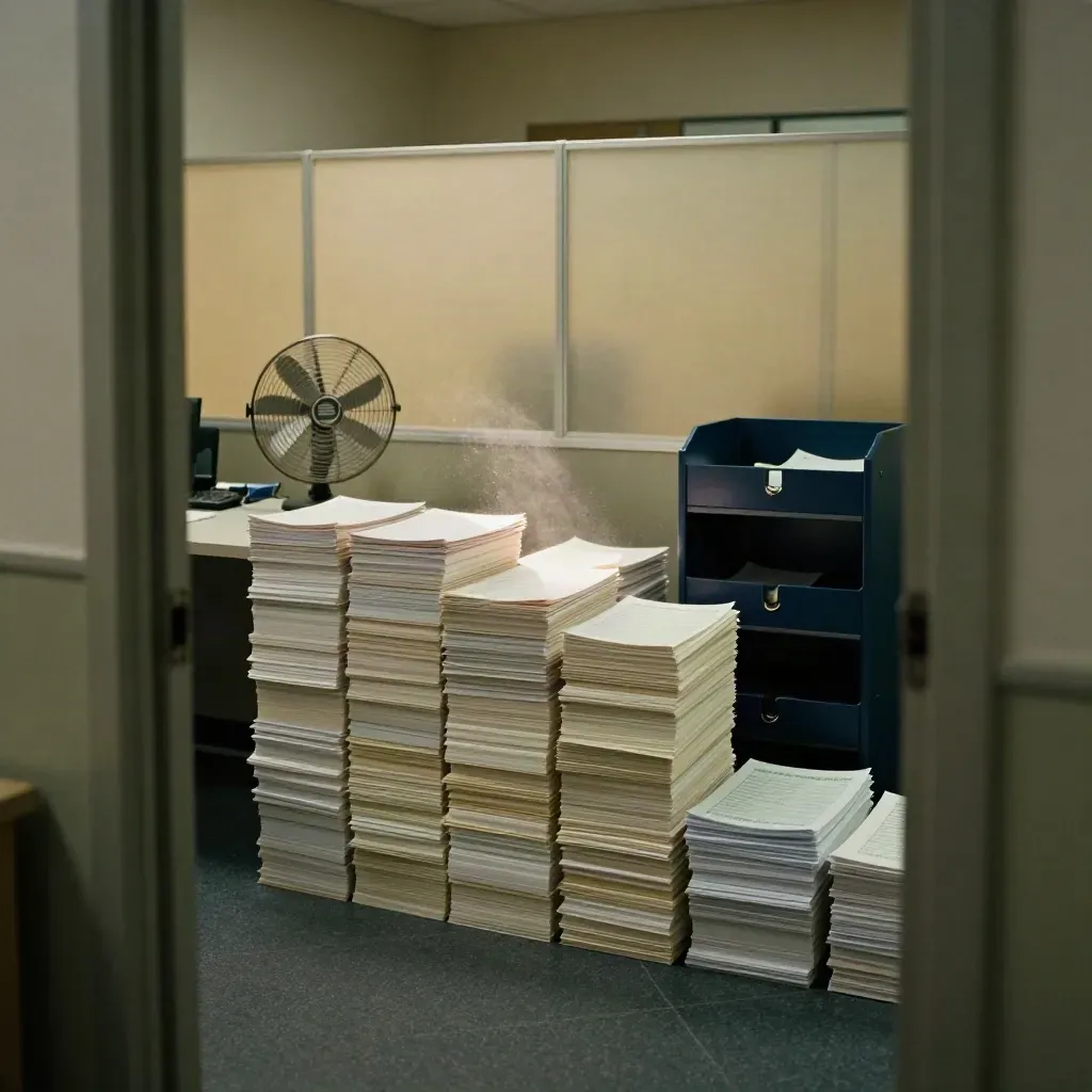 Bureau de sondages sombre avec piles de questionnaires, ventilateur et cloisons lumineuses.