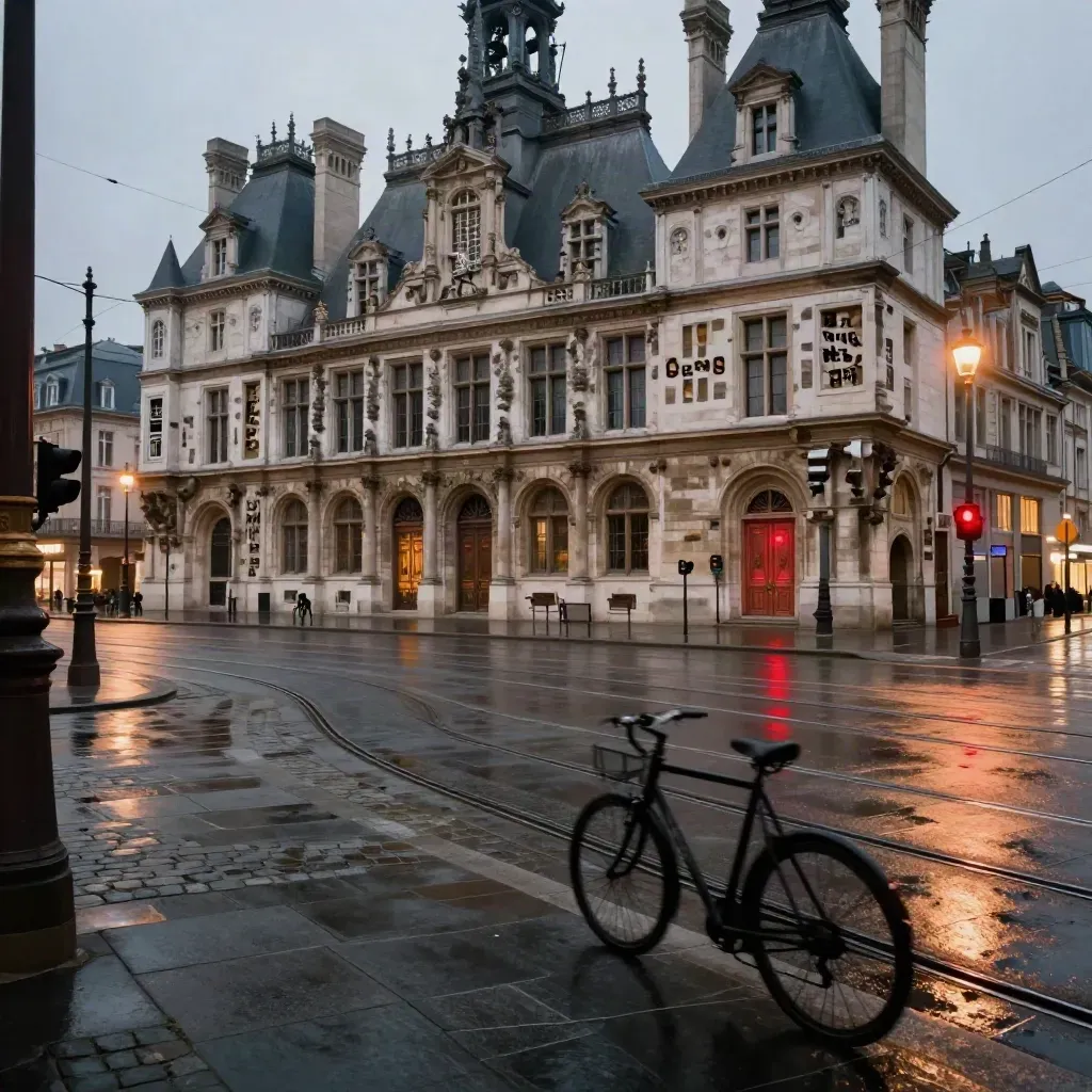 Place de mairie française au crépuscule, pavés mouillés, rails de tram et ombres de vélos.