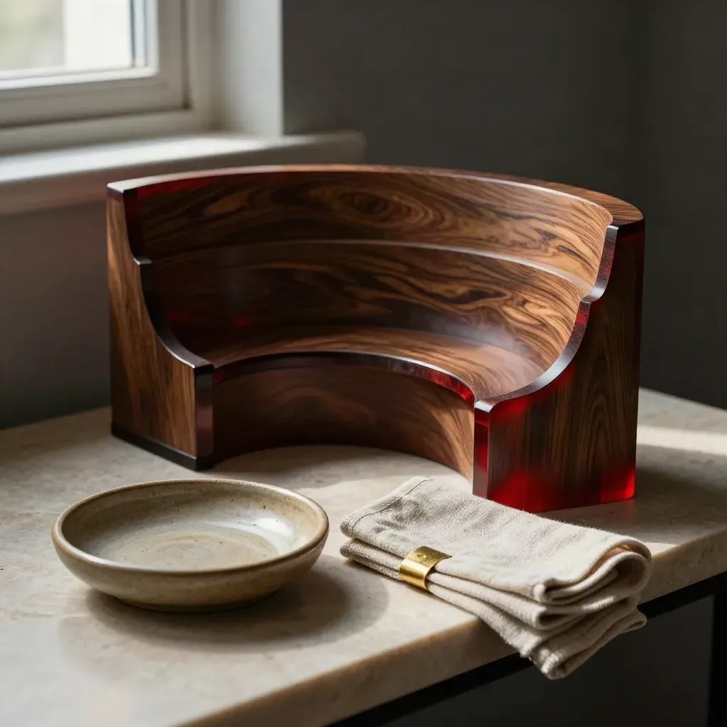 Maquette d’hémicycle en bois, coupelle en céramique et linge plié sur pierre.