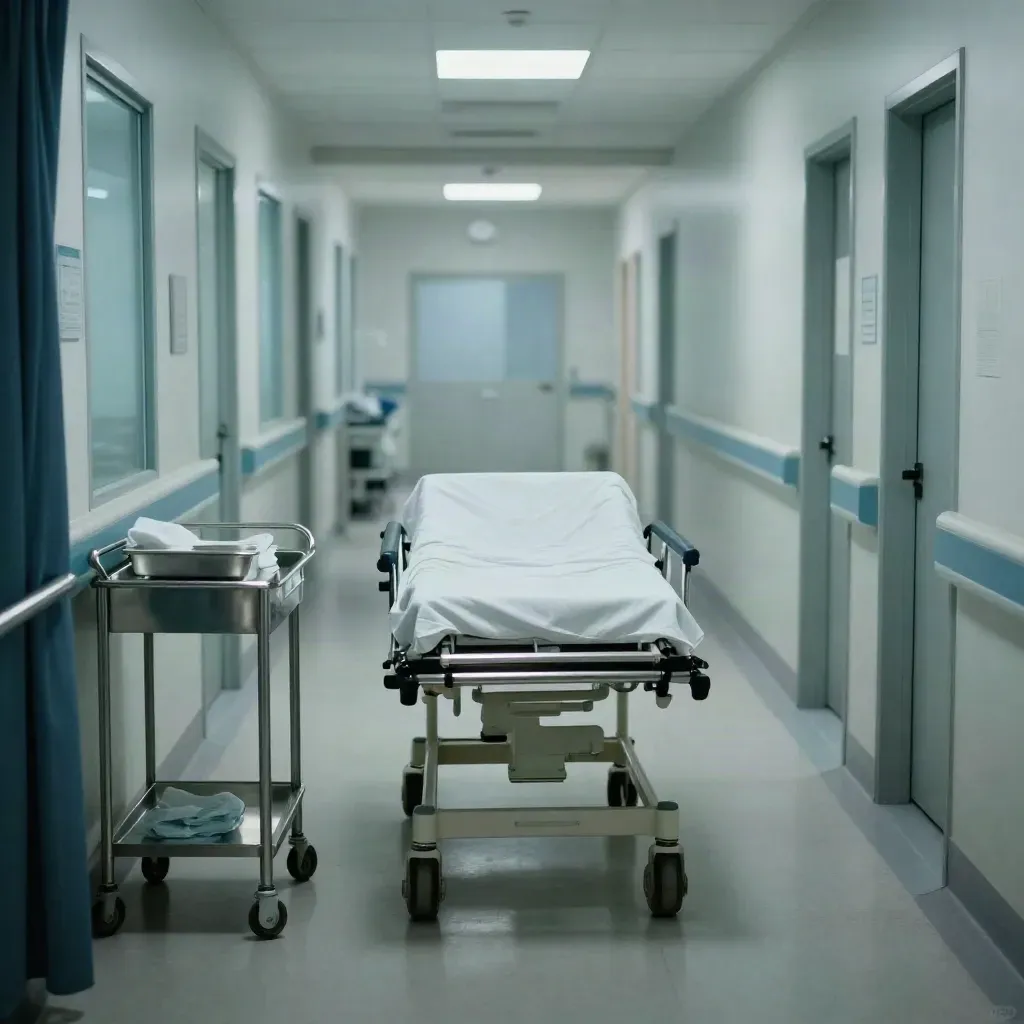 Couloir d’hôpital de nuit avec brancard, chariot inox et portes givrées