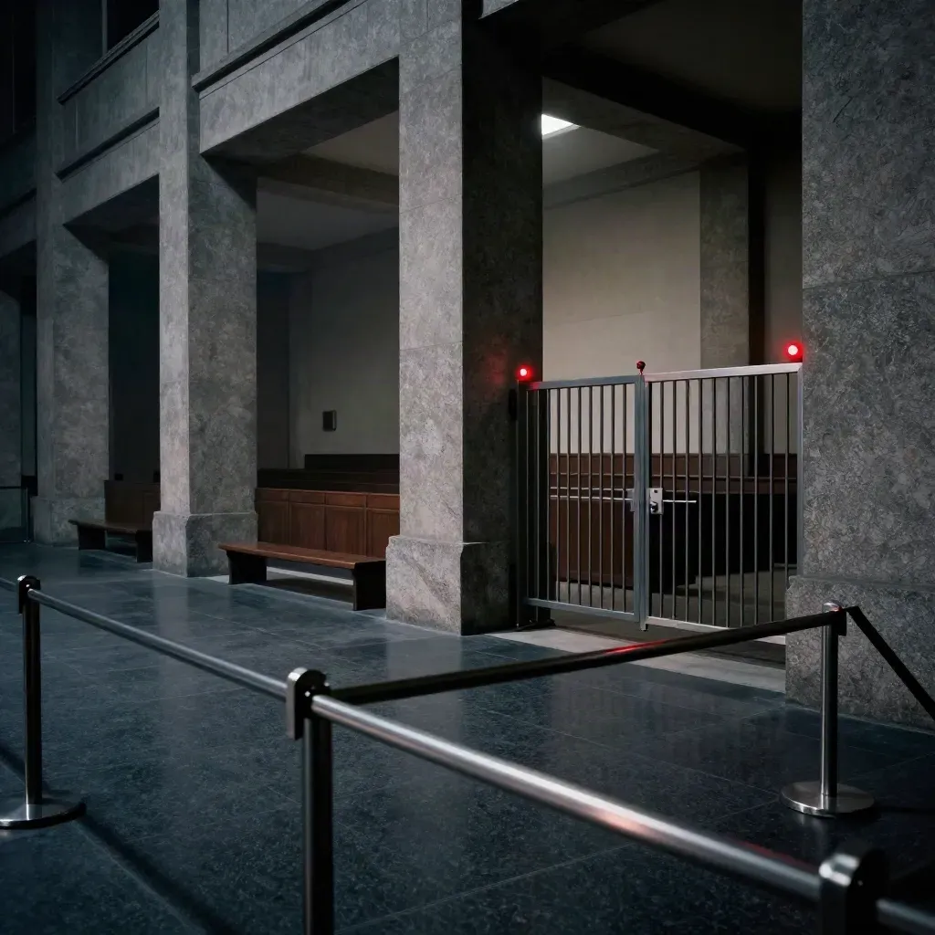 Foyer de tribunal vide avec colonnes de pierre, barrière métallique et porte de sécurité entrouverte.