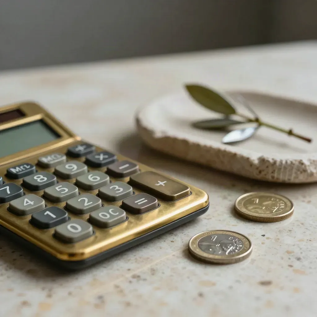 Calculatrice en laiton, rouleaux de pièces et coupelle en pierre avec rameau d’olivier