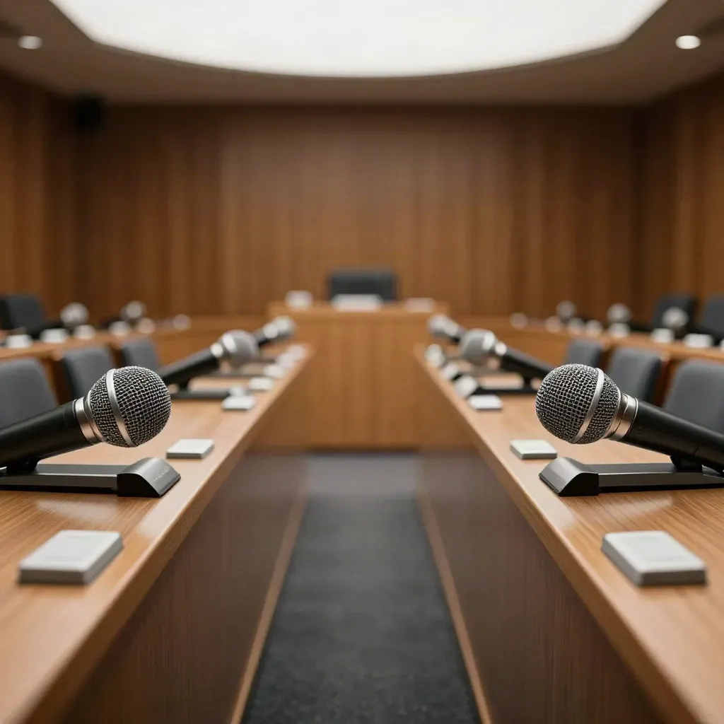Gros plan d’une salle de commission vide avec micros et fauteuils rembourrés.