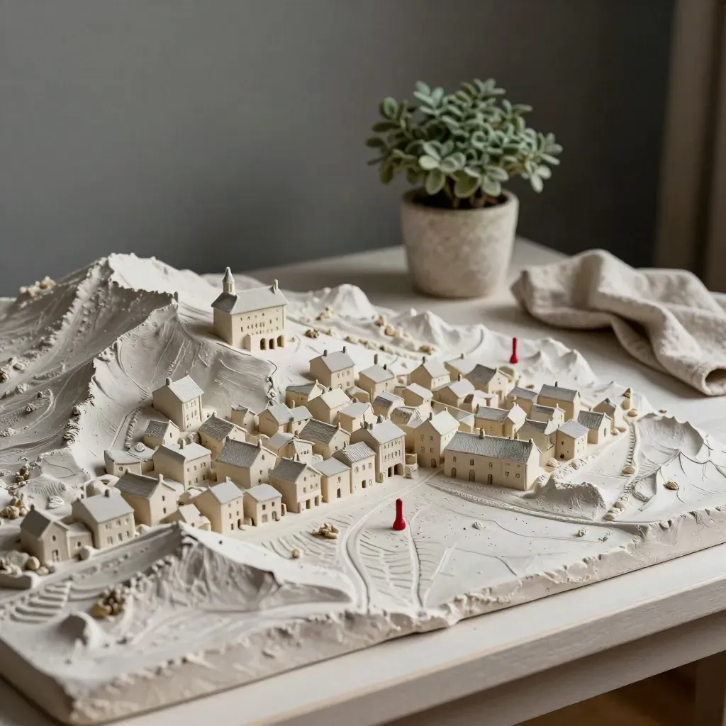 Maquette topographique d’une ville avec maison en céramique, plante et linge plié.