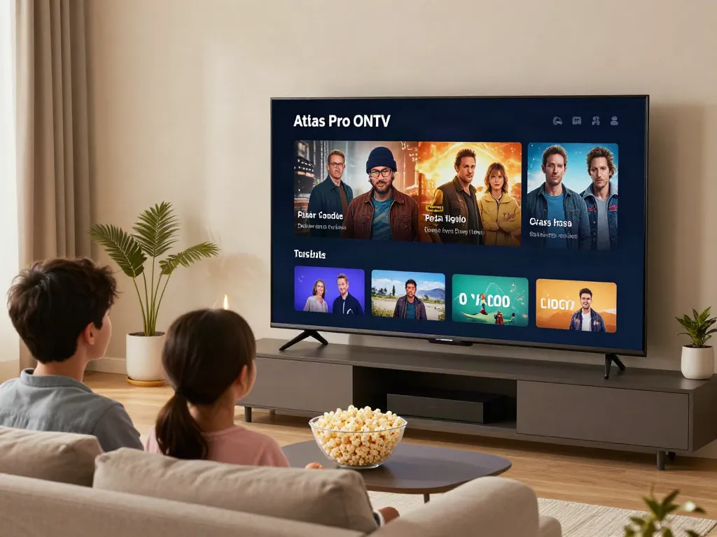La famille profitant de l'application Atlas Pro ONTV dans un salon moderne avec une ambiance chaleureuse.