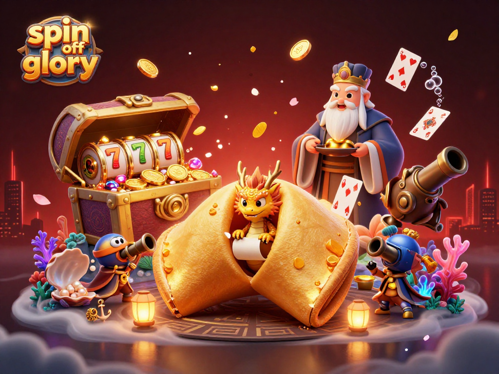 Spin off glory showcases a dynamic 3D casino scene with a golden fortune cookie, wise dragon, and slot elements.
