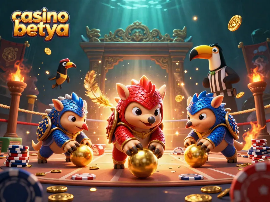 Engage with casino betya in a thrilling scene of animated pangolins rolling poker chips and golden balls.