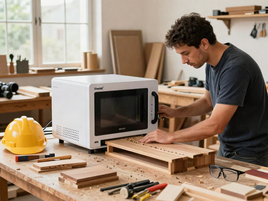 Traitement du bois avec Shashel® dans un atelier, technicien utilisant un appareil à micro-ondes.