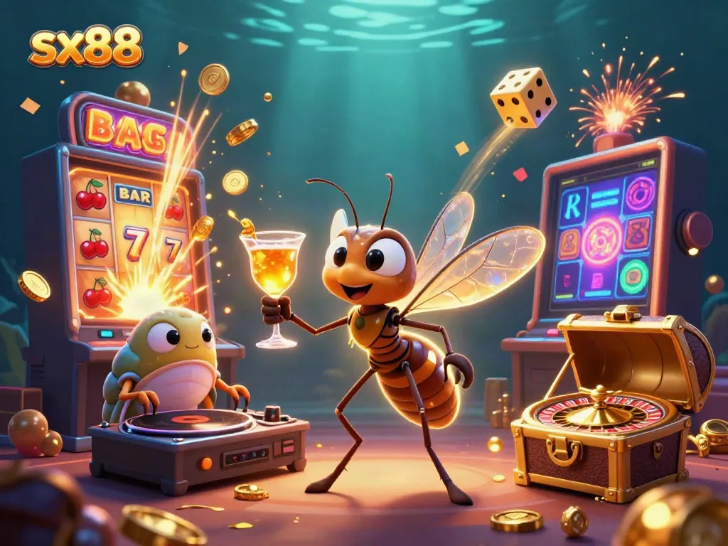 Experience thrilling gameplay with sx88 mascot amidst dazzling casino elements and jackpot joy.