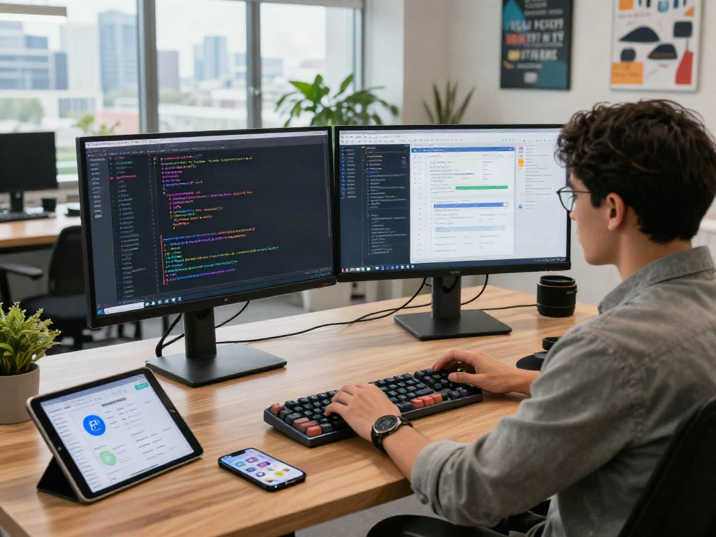 Développeur utilisant Atlas pro ontv dans un bureau moderne avec des écrans de code.